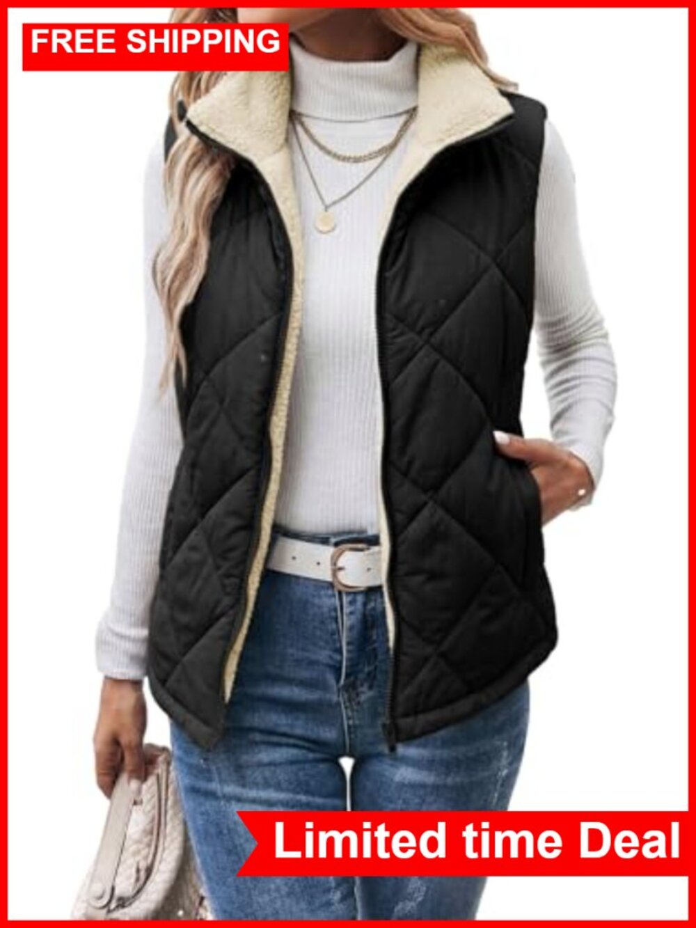 Sherpa Fleece Quilted Puffer Vest Zip Up Stand Collar Sleeveless Jacket